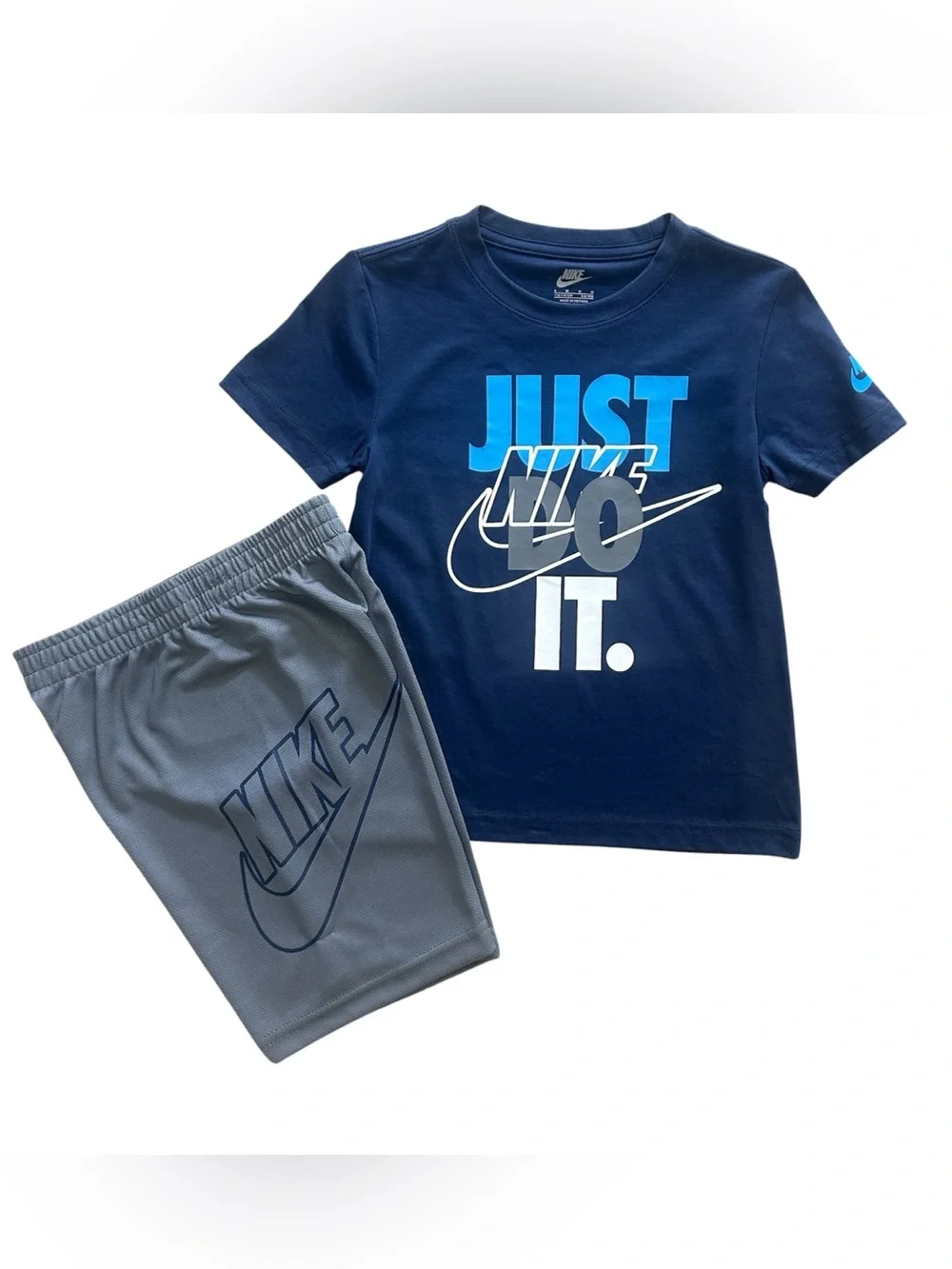 Nike Boys Size 6 2 Piece Set NWT Tee & Shorts Logo Athletic Outfit Blue Gray